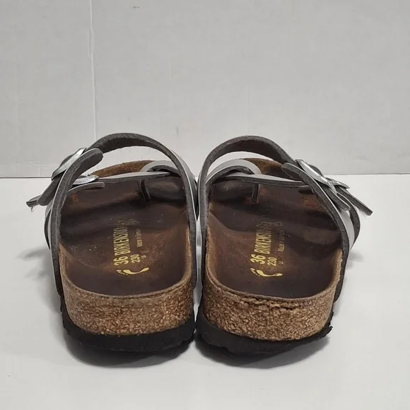 Birkenstock Mayari Sandals Womens  US 5.0 -5.5 Silver Leather Toe Loop Cork Sole - Picture 6 of 7